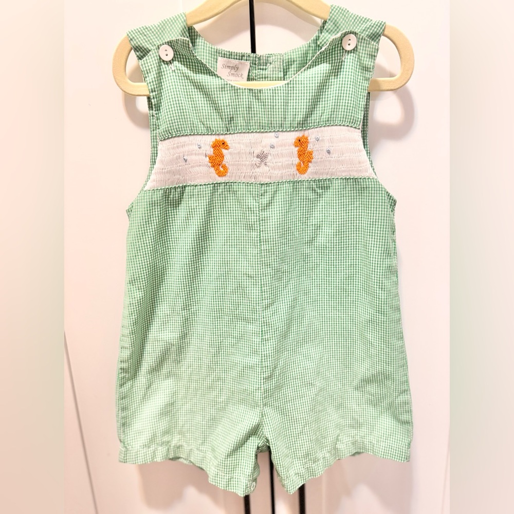 Green Gingham Smocked Jon Jon with Orange Seahorse Embroidery